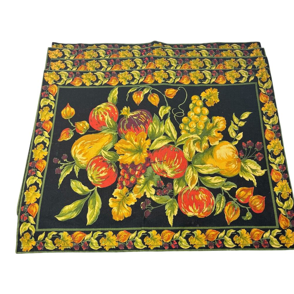 April Cornell Table Napkins Set 4 Fall Autumn Harvest Thanksgiving Black Cotton